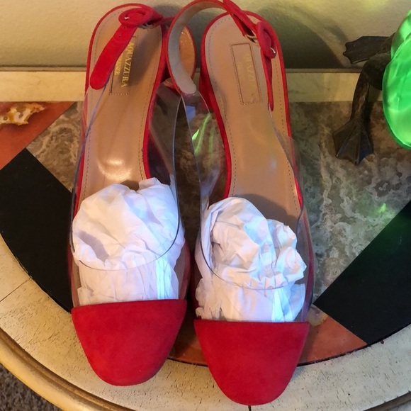 ❌SOLD❌Aquazzura Red Suede & PVC Slingback Block Heel (Size 40.5 IT) - Picture 5 of 13